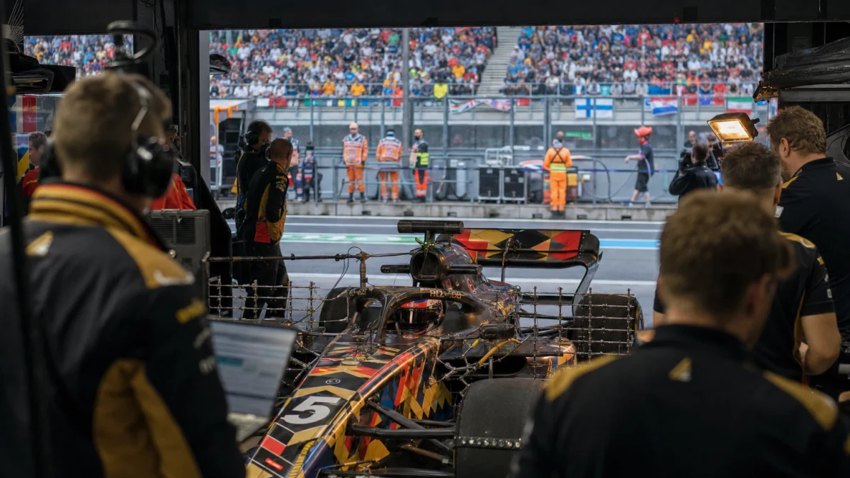 Vitlackerad formel 1-bil från ett amerikanskt nykomlingsstall på en solstekt bergsbana under en snabb kurva.