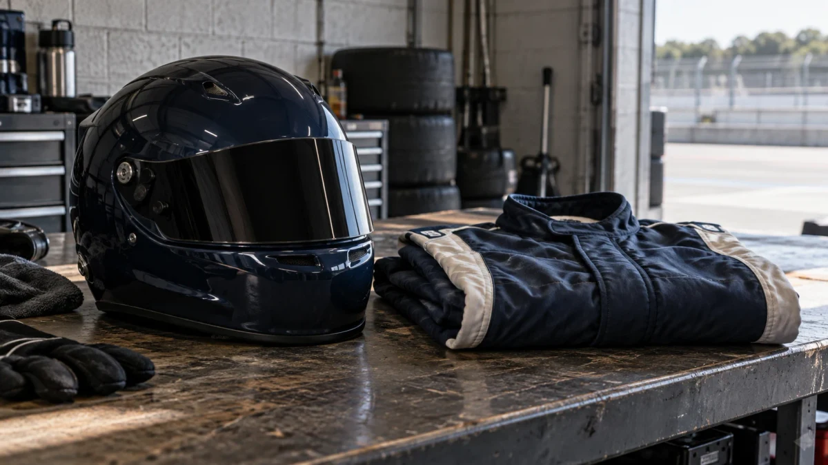 En mörk racinghjälm och en vikt racingoverall på en arbetsbänk.